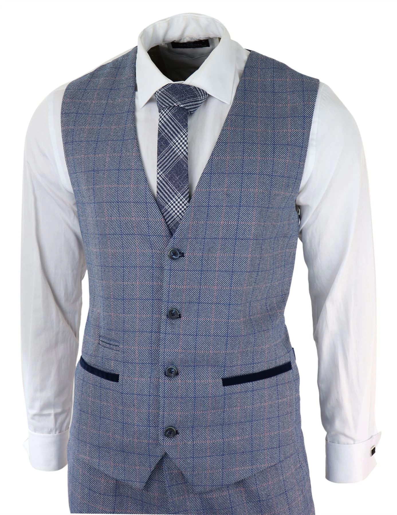 Mens 3 Piece Suit Sky Blue Check Wool Feel Marc Darcy Tailored Fit Wedding Prom Harry - Image 5