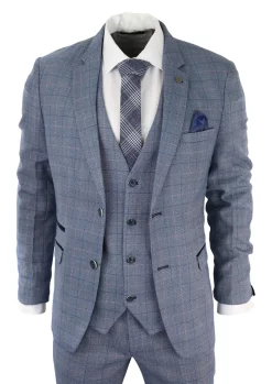 Mens 3 Piece Suit Sky Blue Check Wool Feel Marc Darcy Tailored Fit Wedding Prom Harry