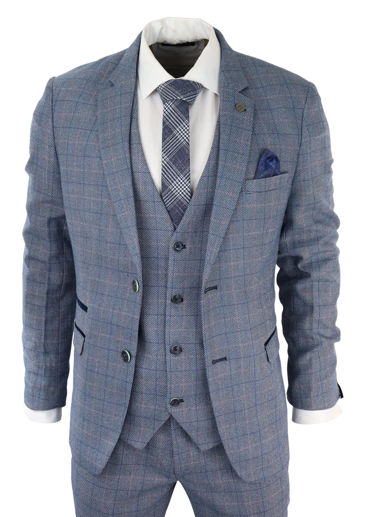 Mens 3 Piece Suit Sky Blue Check Wool Feel Marc Darcy Tailored Fit Wedding Prom Harry