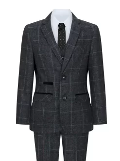 Boys Grey Black 3 Piece Tweed Suit Herringbone Wine Vintage Retro