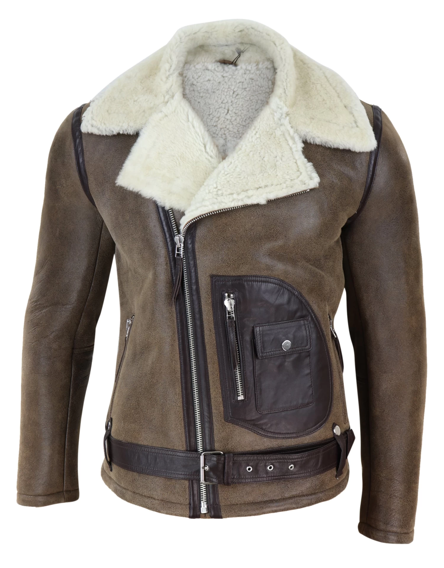 Mens Shearling Brown Sheepskin Vintage Jacket - Image 2