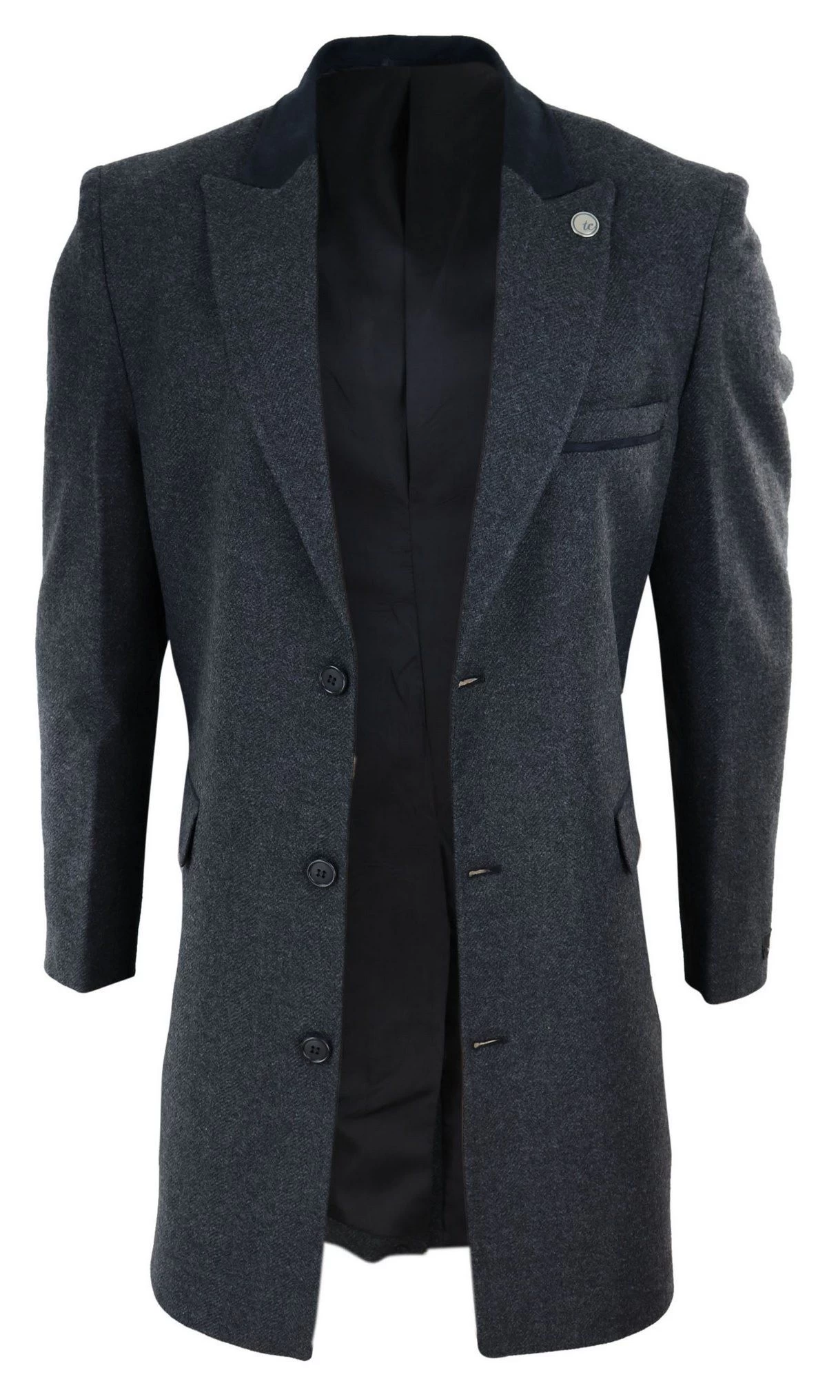 Herringbone Tweed 3/4 Long Overcoat-Charcoal - Image 4