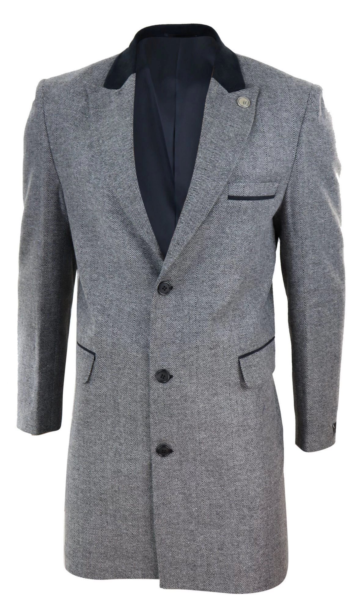 Herringbone Tweed 3/4 Long Overcoat-Grey - Image 2