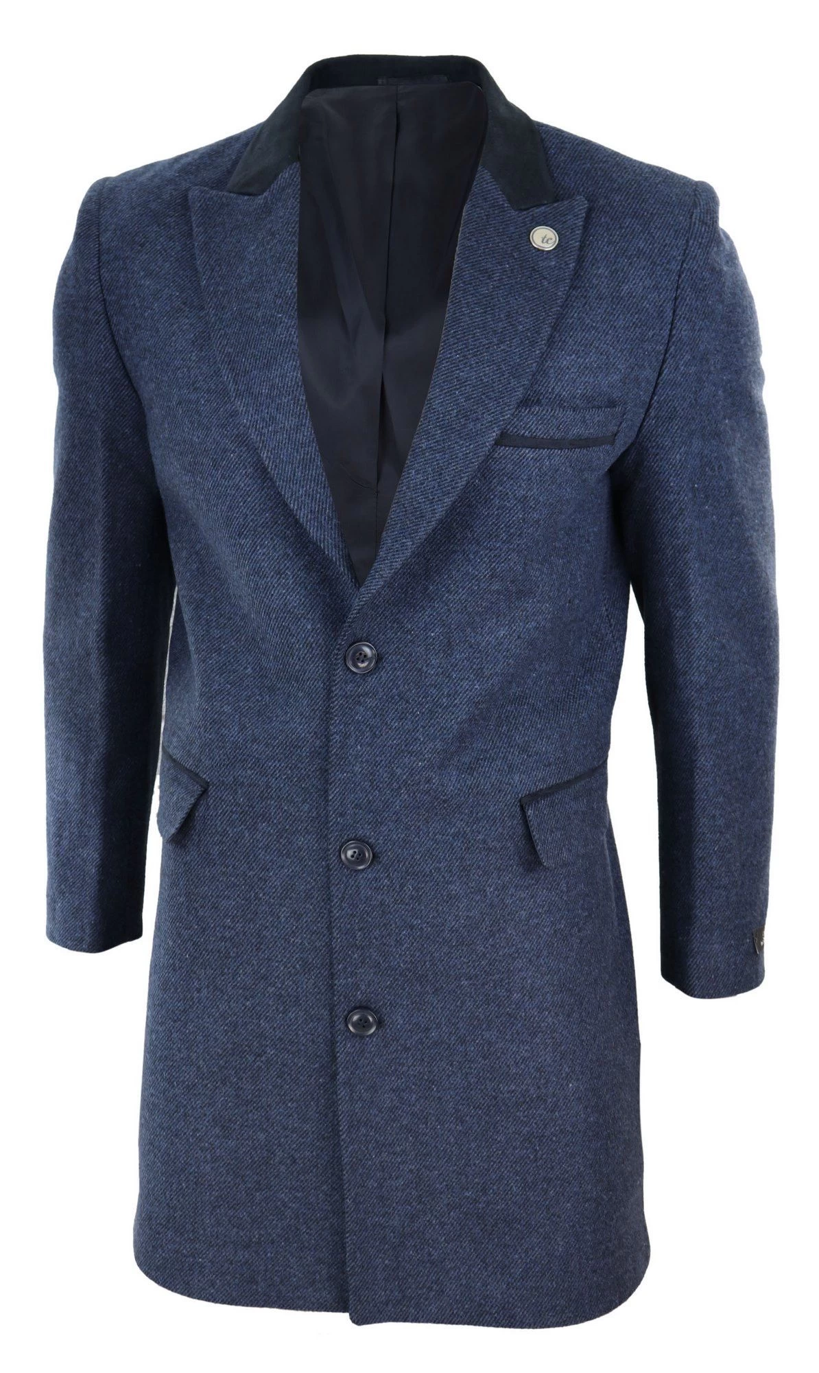 Herringbone Tweed 3/4 Long Overcoat-Navy - Image 2