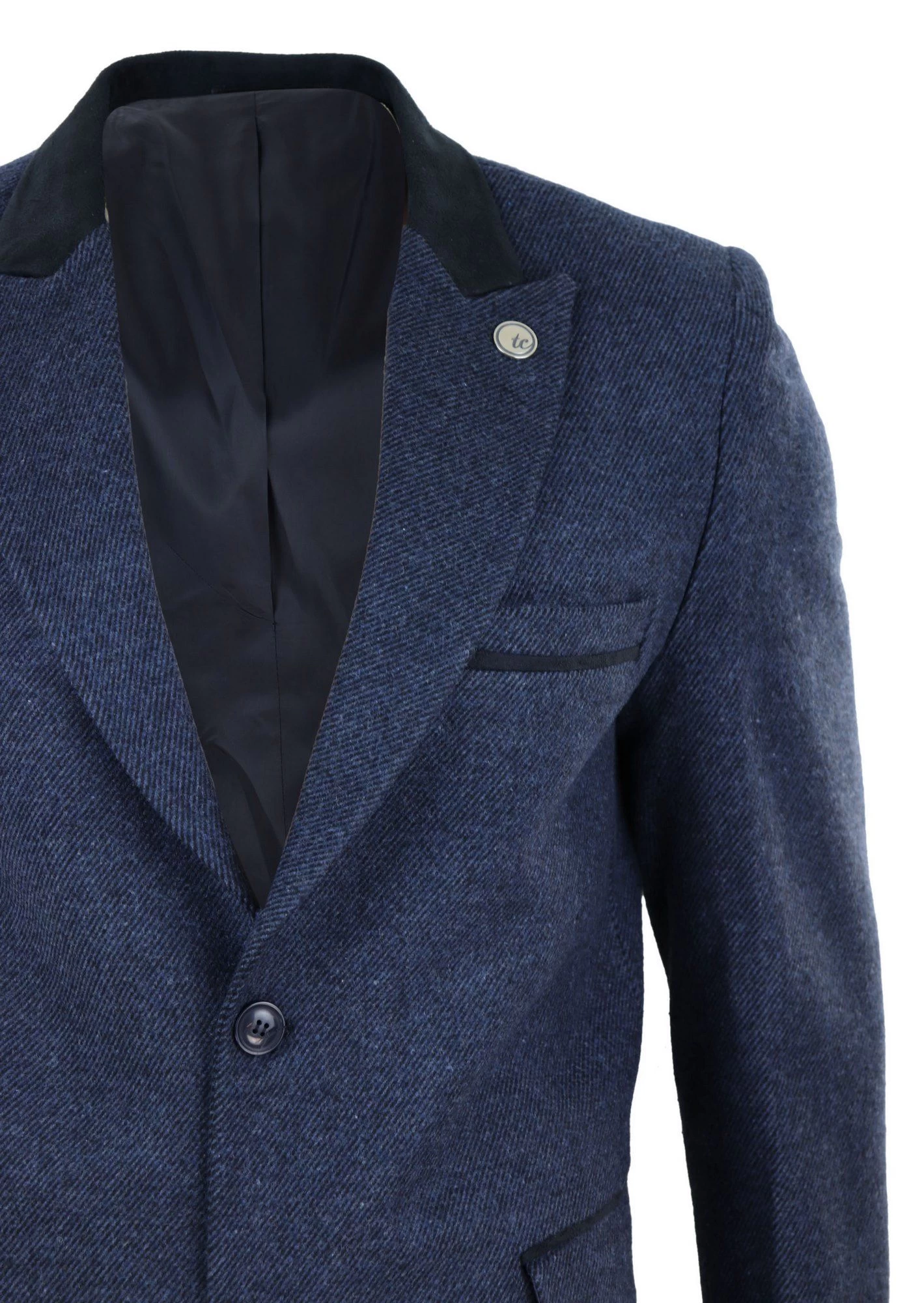 Herringbone Tweed 3/4 Long Overcoat-Navy - Image 3