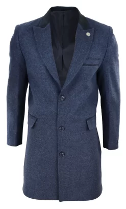 Herringbone Tweed 3/4 Long Overcoat-Navy