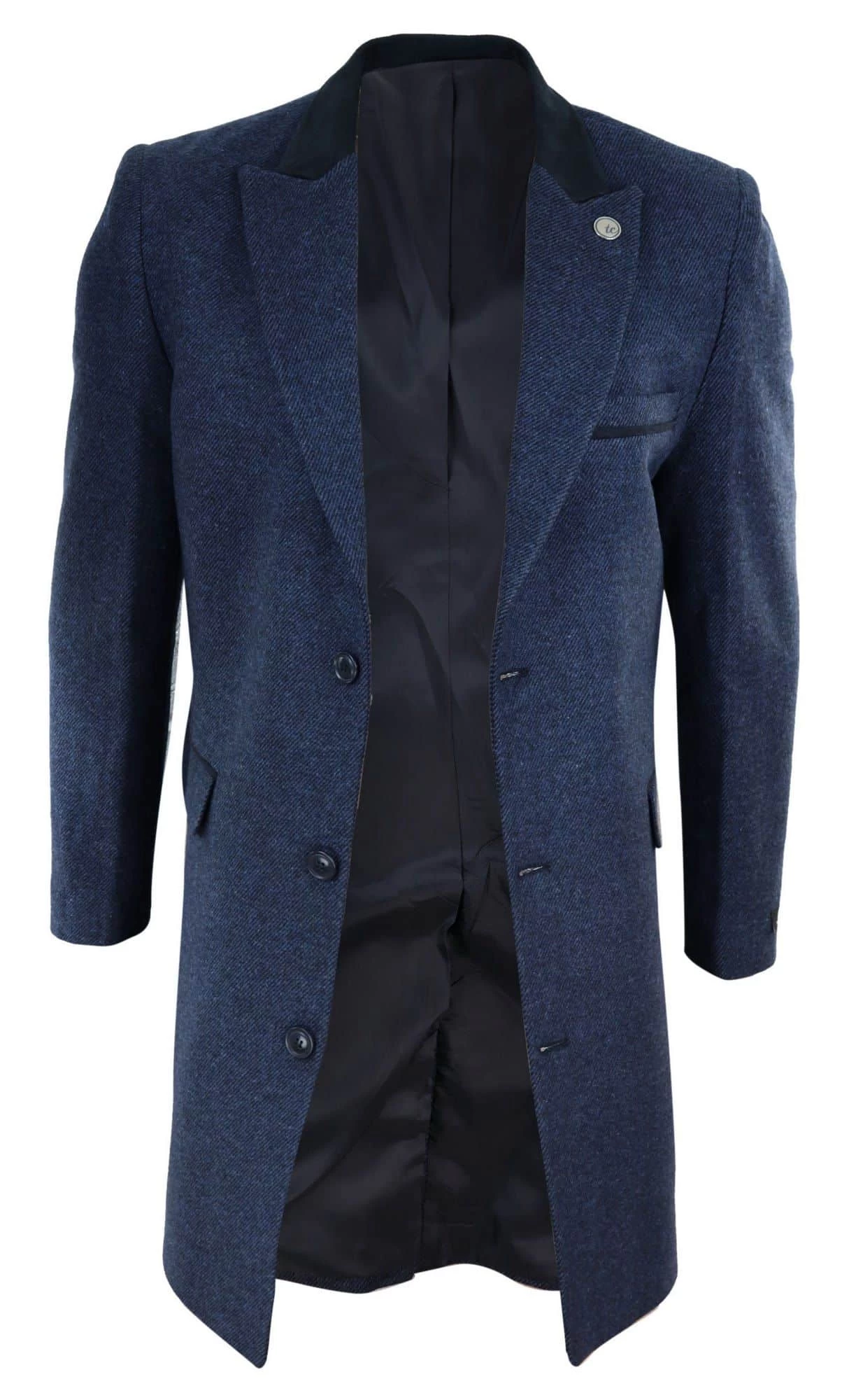 Herringbone Tweed 3/4 Long Overcoat-Navy - Image 4