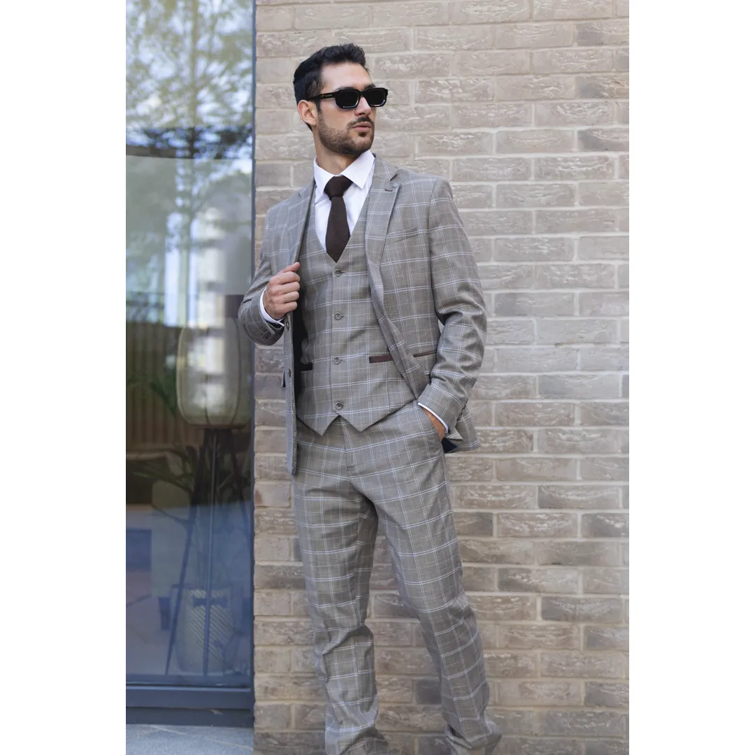 Hode – Men’s Brown Checked Plaid Tailored Fit 3 Piece Suit - Image 7