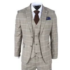 Hode – Men’s Brown Checked Plaid Tailored Fit 3 Piece Suit