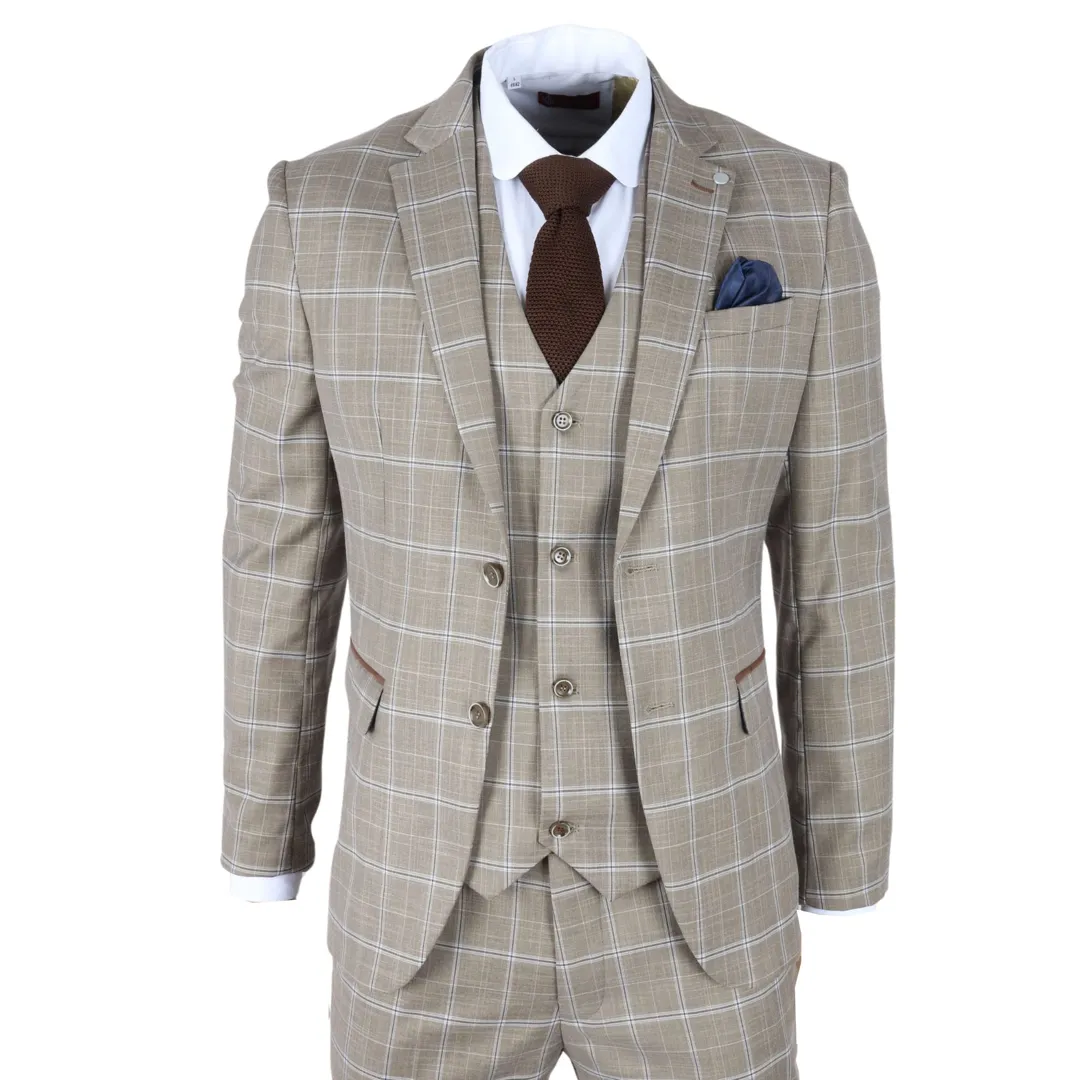 Hode – Men’s Brown Checked Plaid Tailored Fit 3 Piece Suit