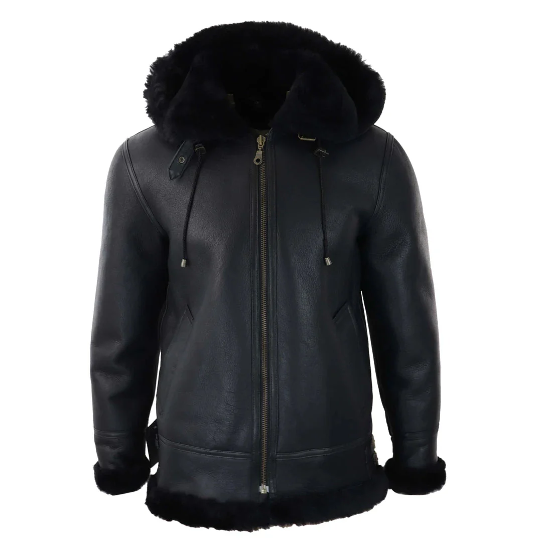 Men’s Black Leather Sherling Sheepskin Hood Jacket Aviator Flying Pilot - Image 7