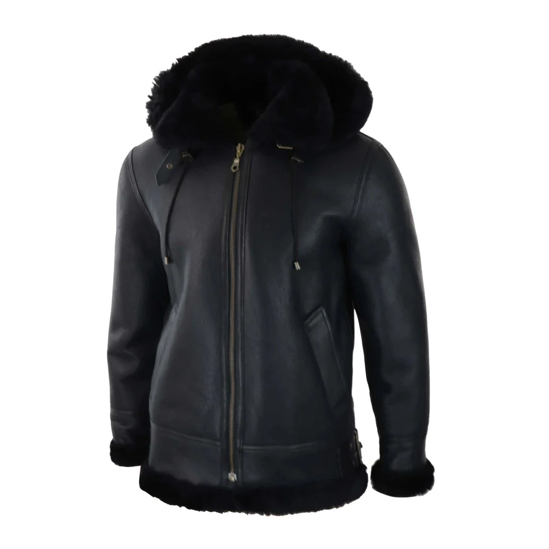 Men’s Black Leather Sherling Sheepskin Hood Jacket Aviator Flying Pilot - Image 6