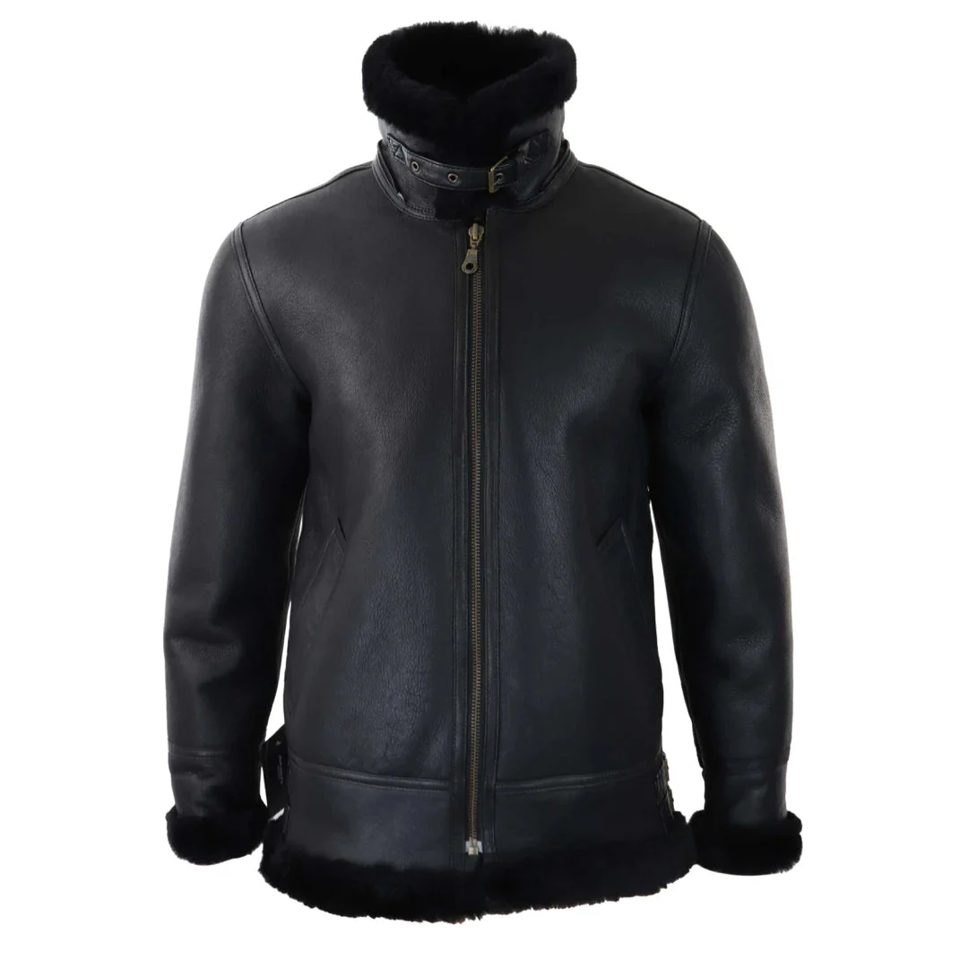 Men’s Black Leather Sherling Sheepskin Hood Jacket Aviator Flying Pilot - Image 5