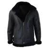 Men’s Black Leather Sherling Sheepskin Hood Jacket Aviator Flying Pilot