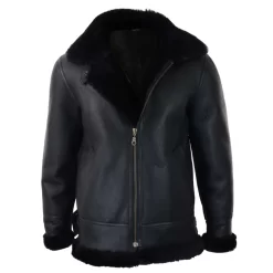 Men’s Black Leather Sherling Sheepskin Hood Jacket Aviator Flying Pilot