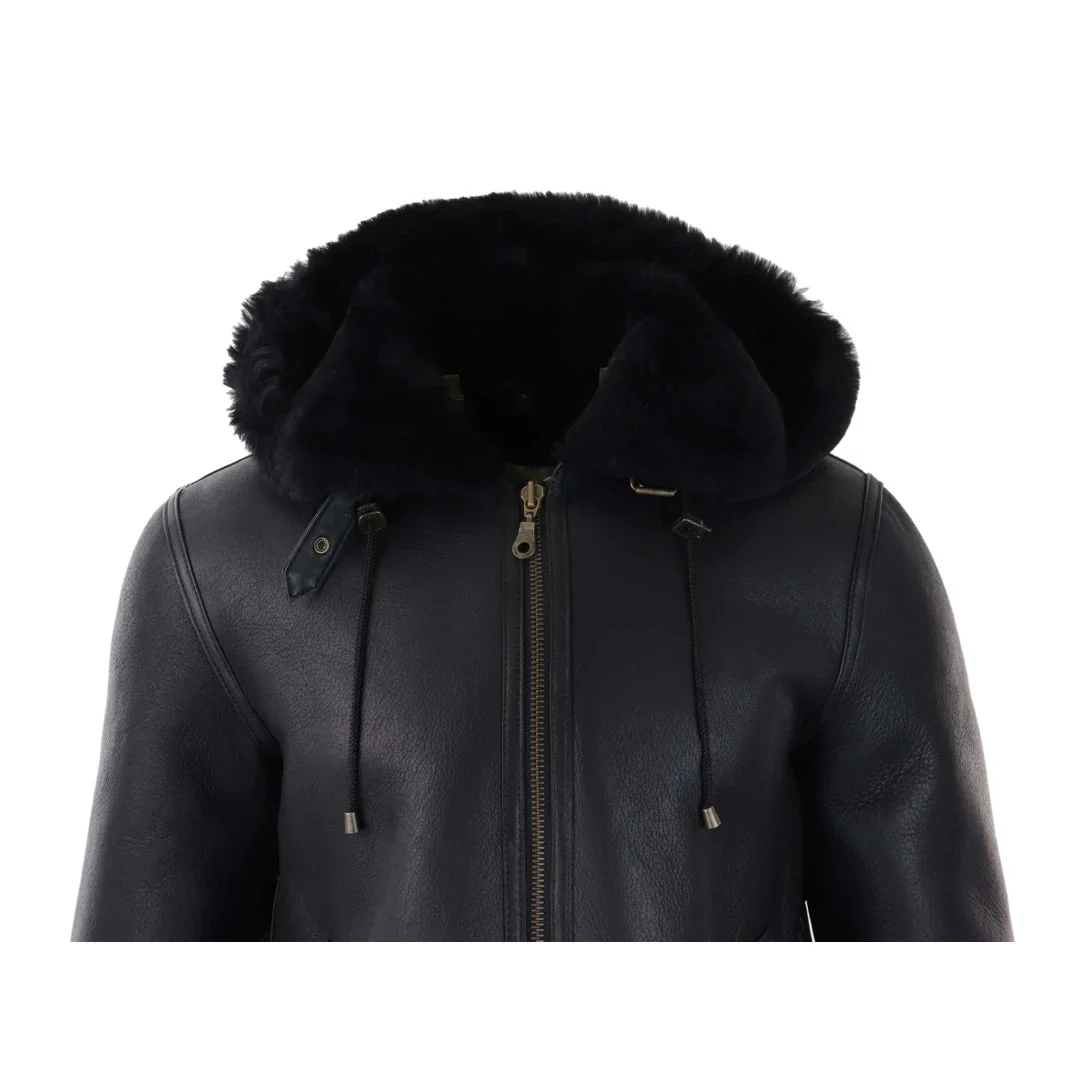 Men’s Black Leather Sherling Sheepskin Hood Jacket Aviator Flying Pilot - Image 4