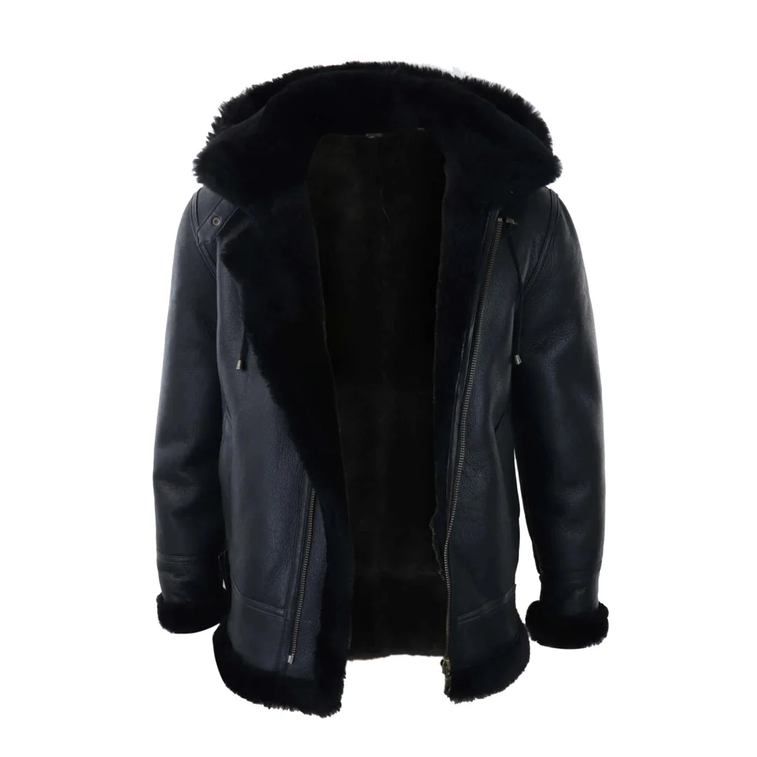 Men’s Black Leather Sherling Sheepskin Hood Jacket Aviator Flying Pilot - Image 3