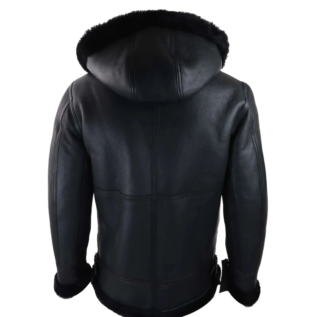 Men’s Black Leather Sherling Sheepskin Hood Jacket Aviator Flying Pilot - Image 2