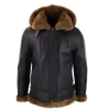 Men’s Brown Leather Sherling Sheepskin Hood Jacket Aviator Flying Pilot