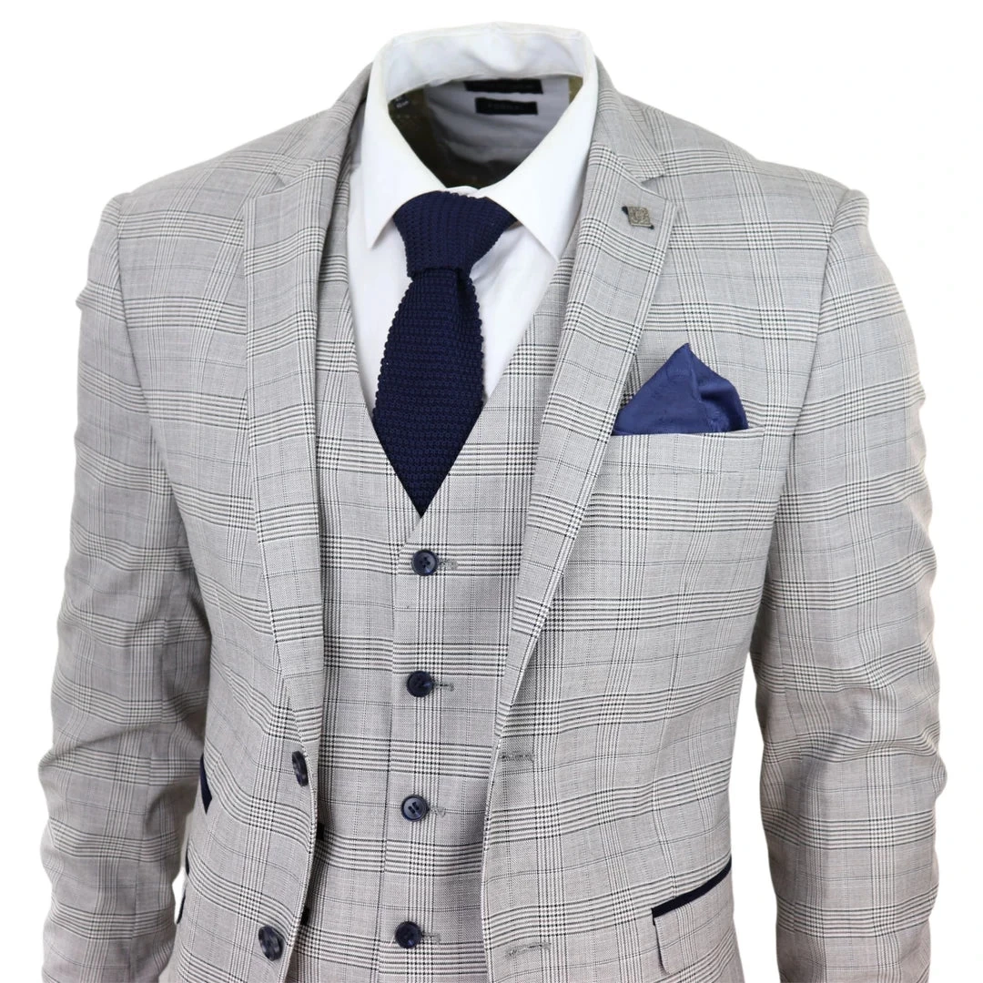Hugo Men’s Light Grey 3-Piece Suit With Navy Blue Check And Velvet Trims - Image 5