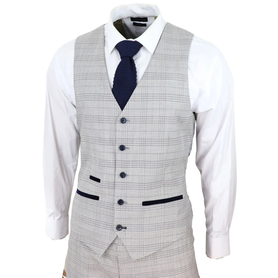 Hugo Men’s Light Grey 3-Piece Suit With Navy Blue Check And Velvet Trims - Image 3