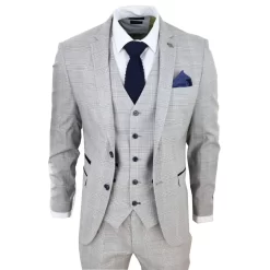 Hugo Men’s Light Grey 3-Piece Suit With Navy Blue Check And Velvet Trims