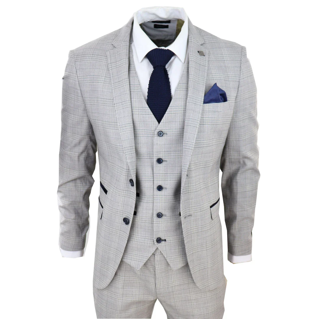 Hugo Men’s Light Grey 3-Piece Suit With Navy Blue Check And Velvet Trims