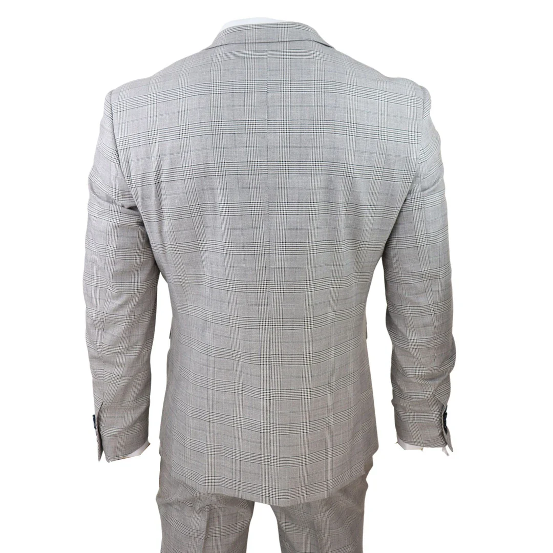 Hugo Men’s Light Grey 3-Piece Suit With Navy Blue Check And Velvet Trims - Image 4