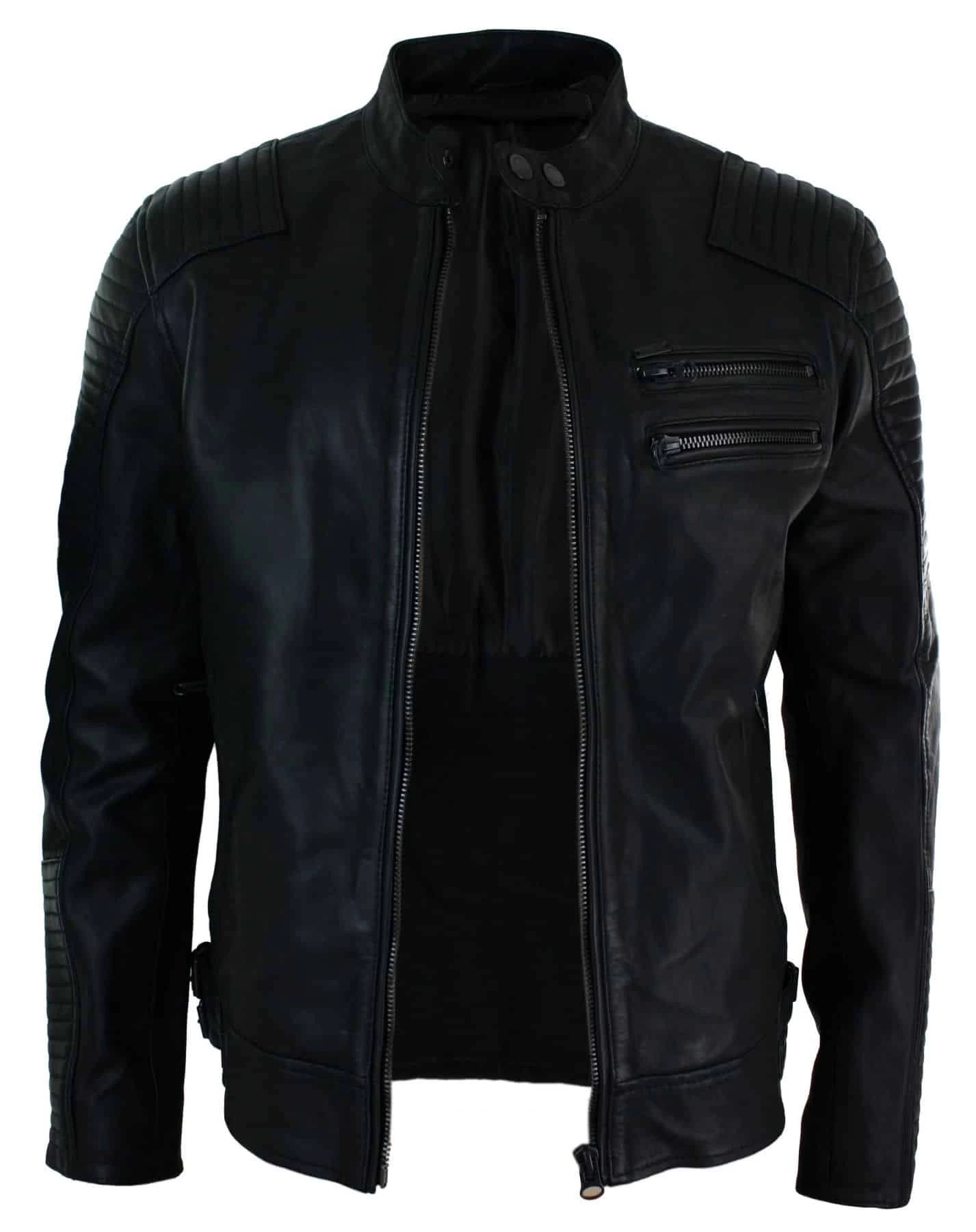 Real Leather Slim Fit Washed Black Zip Mens Biker Jacket Short Casual - Image 6
