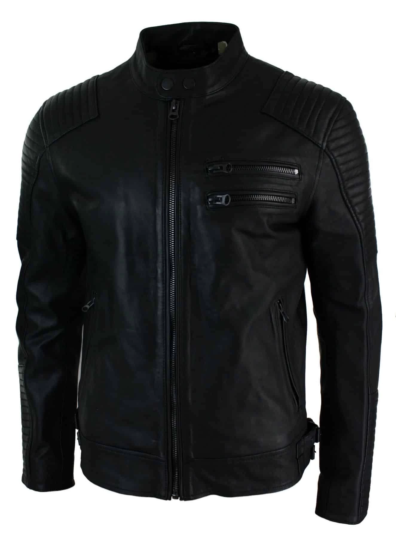 Real Leather Slim Fit Washed Black Zip Mens Biker Jacket Short Casual - Image 5