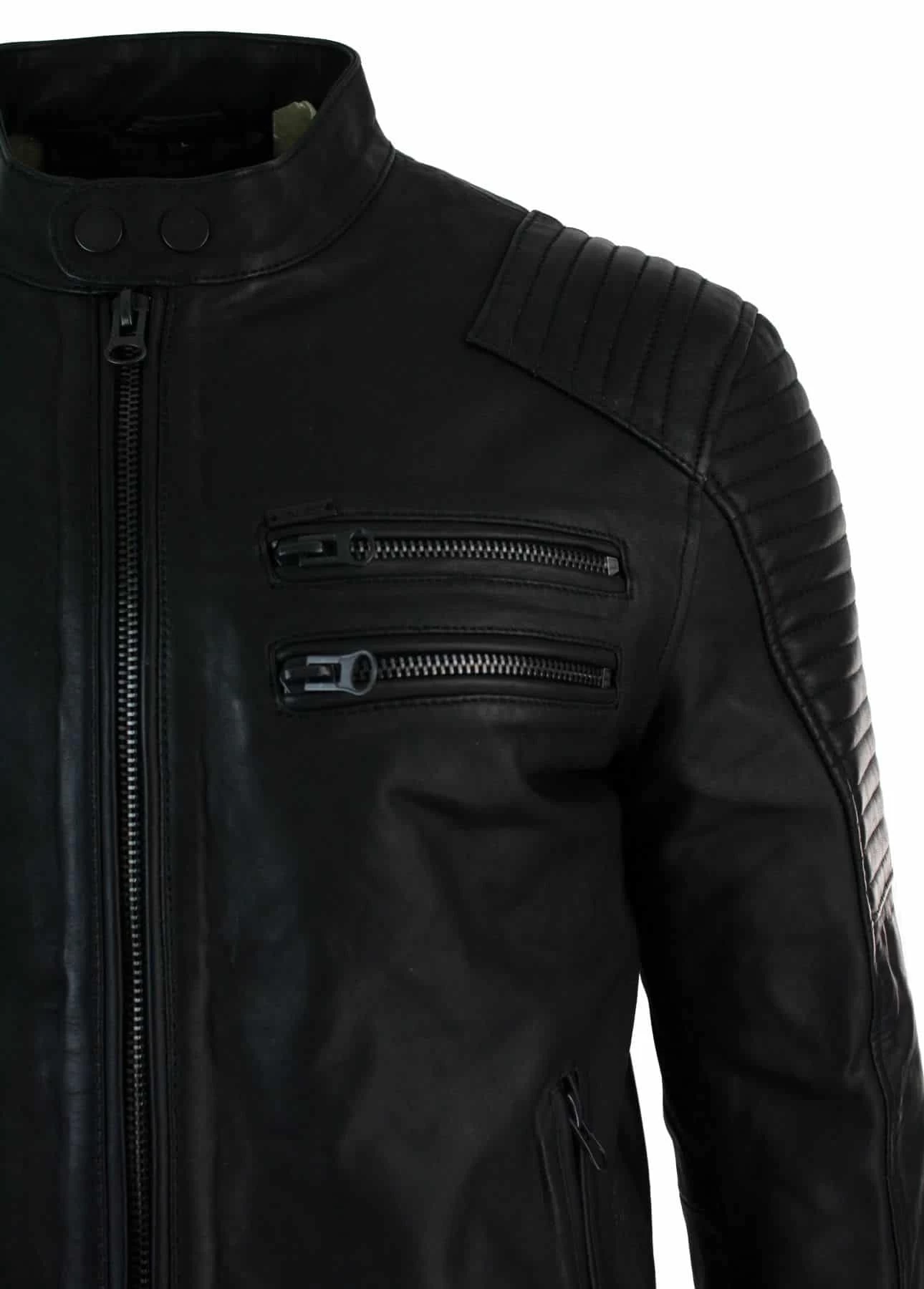 Real Leather Slim Fit Washed Black Zip Mens Biker Jacket Short Casual - Image 3