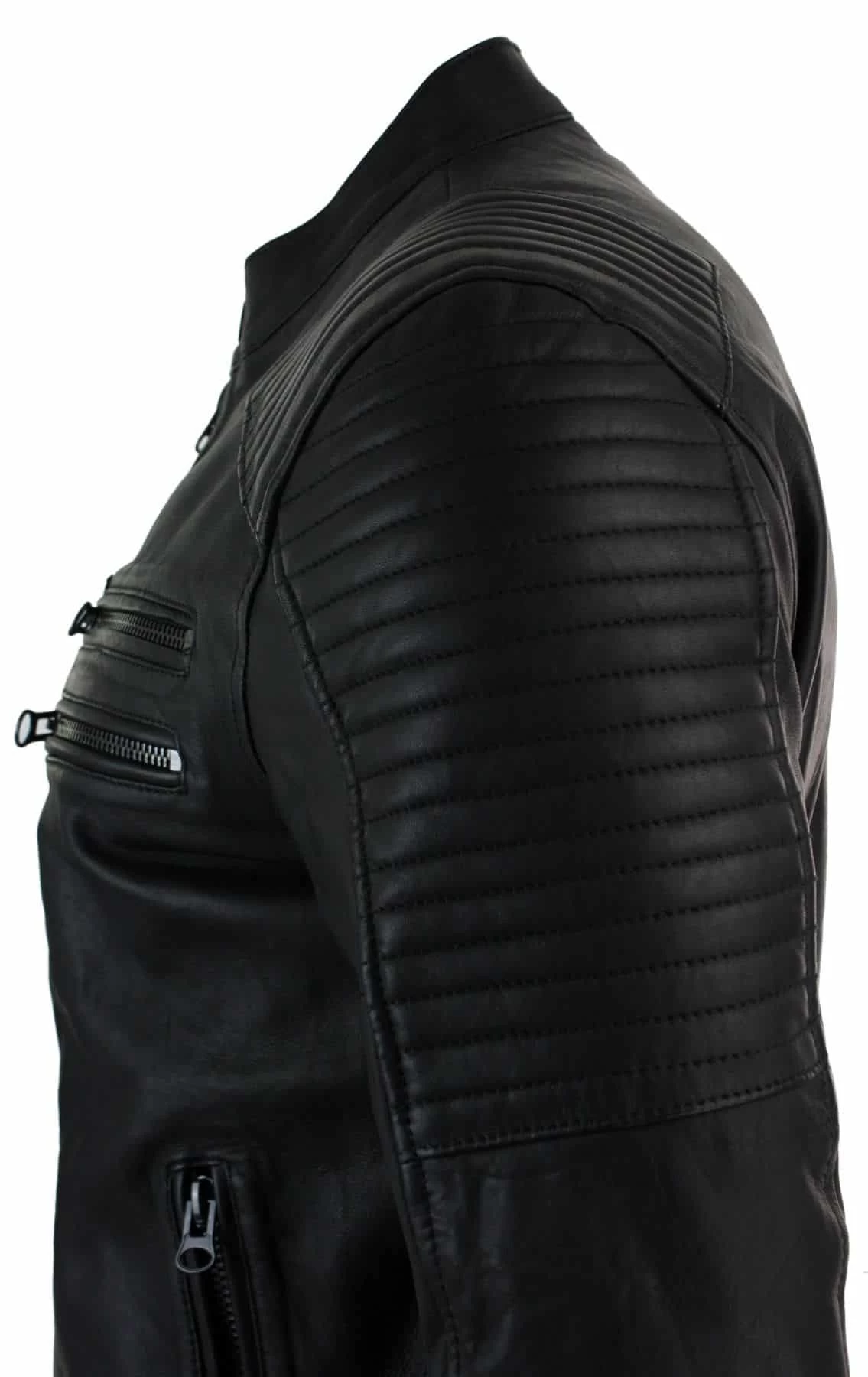 Real Leather Slim Fit Washed Black Zip Mens Biker Jacket Short Casual - Image 2