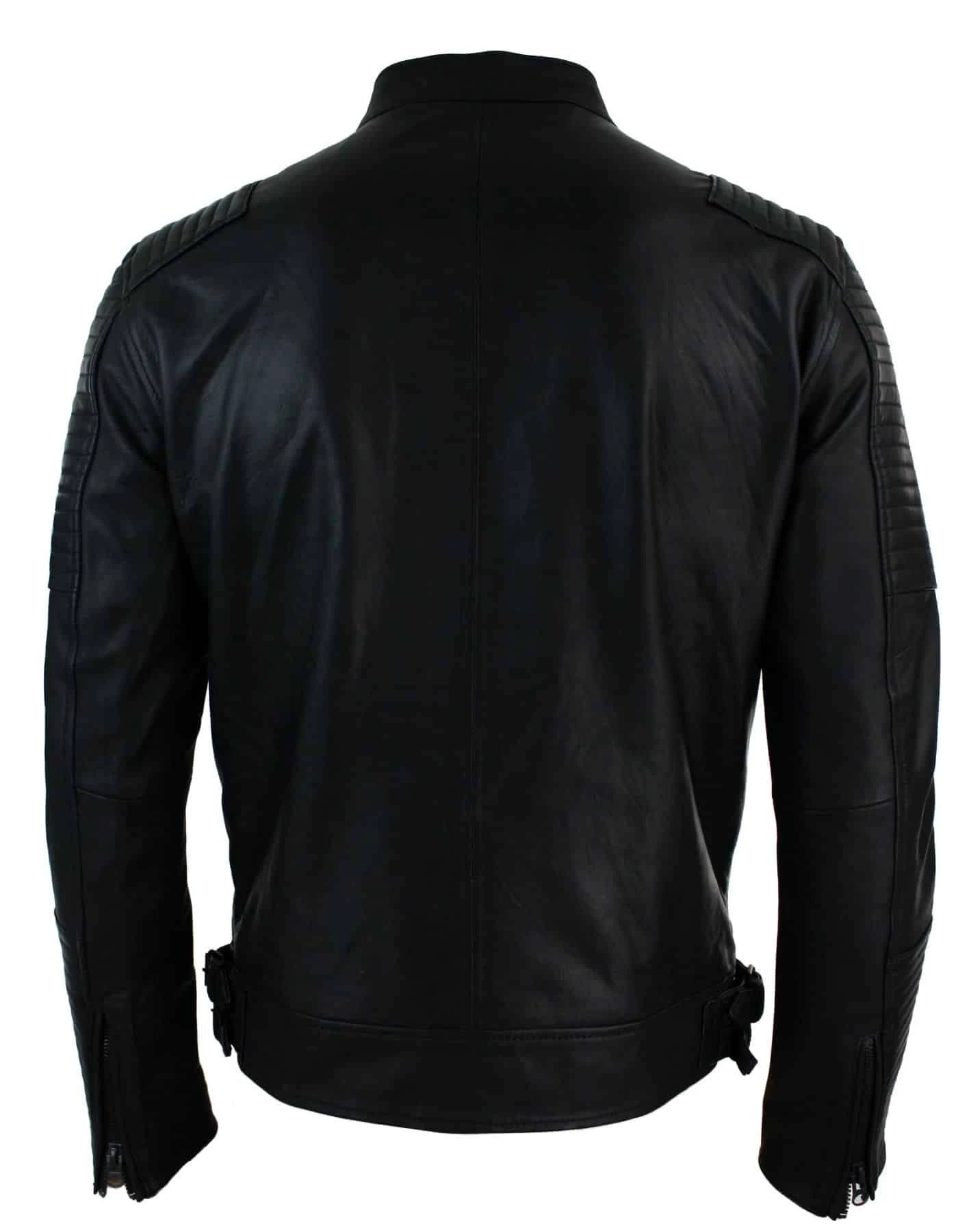 Real Leather Slim Fit Washed Black Zip Mens Biker Jacket Short Casual - Image 4