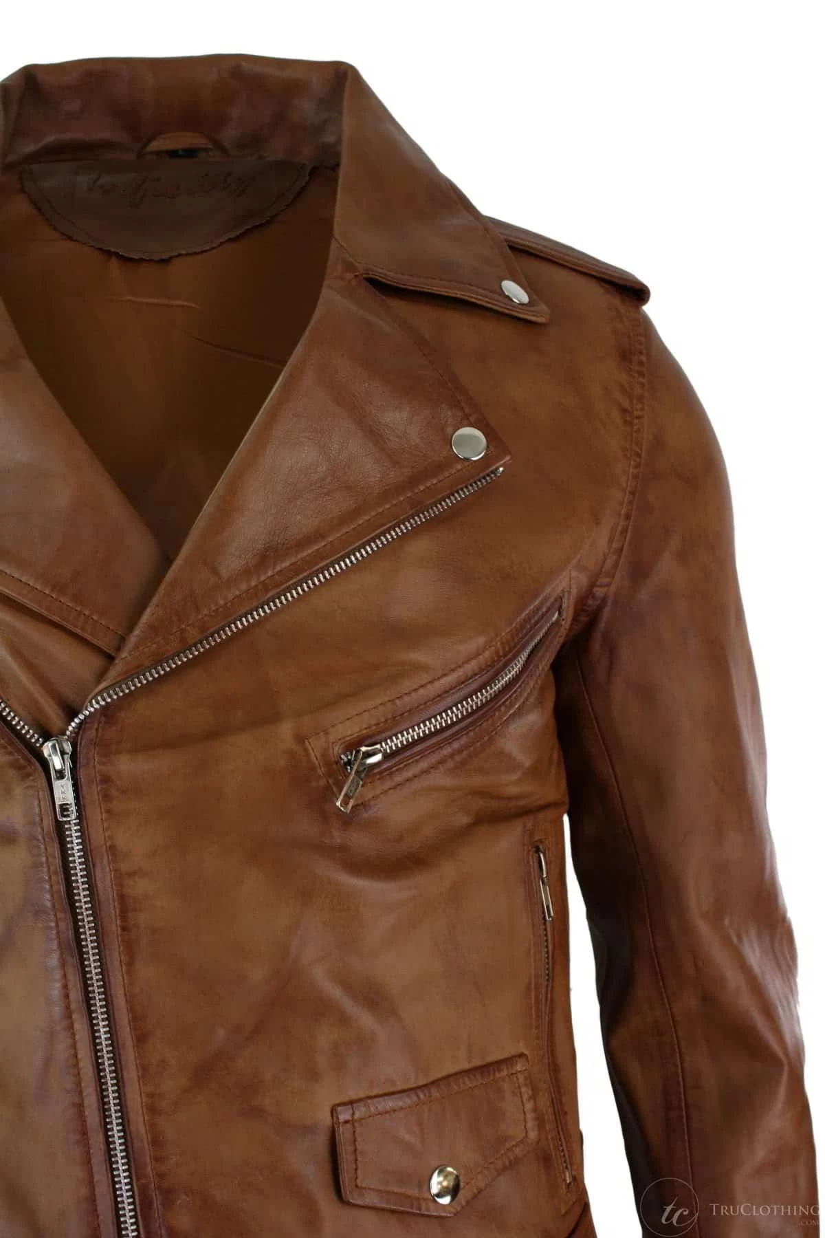 Real Leather Slim Fit Teal Cross Zip Mens Retro Vintage Brando Jacket Vintage - Image 3