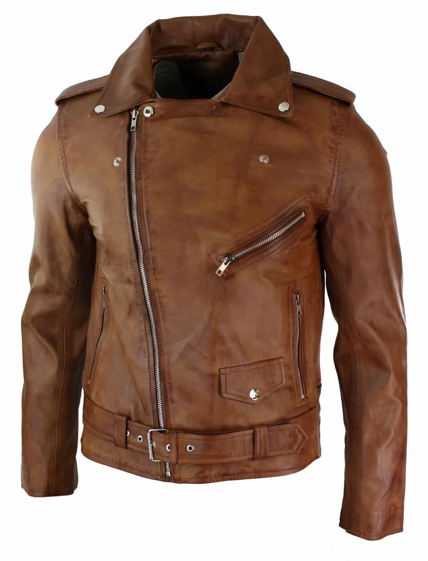 Real Leather Slim Fit Teal Cross Zip Mens Retro Vintage Brando Jacket Vintage - Image 4