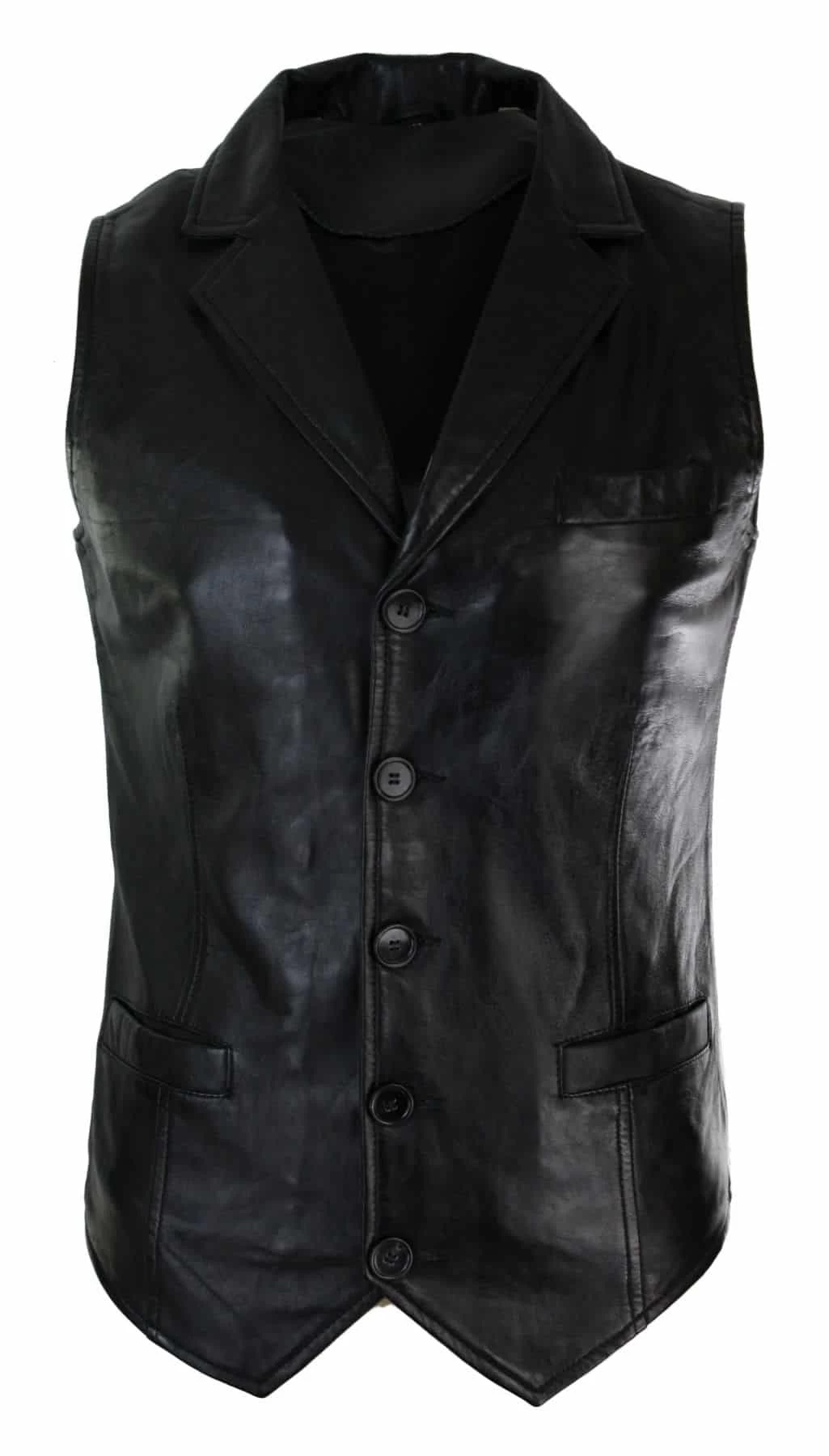 Infinity Mens Real Leather Tan Brown Black Smart Casual Gilet Waistcoat Vintage Retro-Black