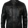 Real Washed Leather Retro Vintage Distressed Jacket Black Rub Off For Men