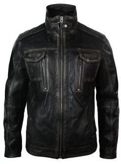 Real Washed Leather Retro Vintage Distressed Jacket Black Rub Off For Men