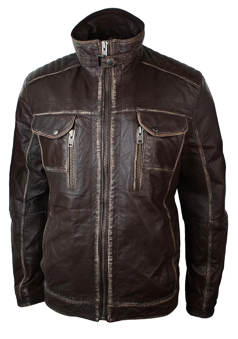 Real Washed Brown Leather Retro Vintage Distressed Jacket Rub Off For Men - Image 5