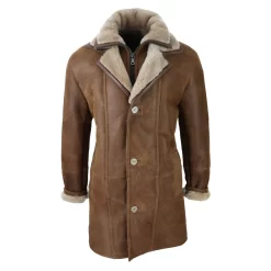 Men’s 3/4 Duffle Jacket Sheepskin Long Button Zip Warm – Tan