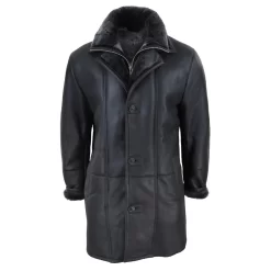Men’s 3/4 Duffle Jacket Sheepskin Long Button Zip Warm – Black