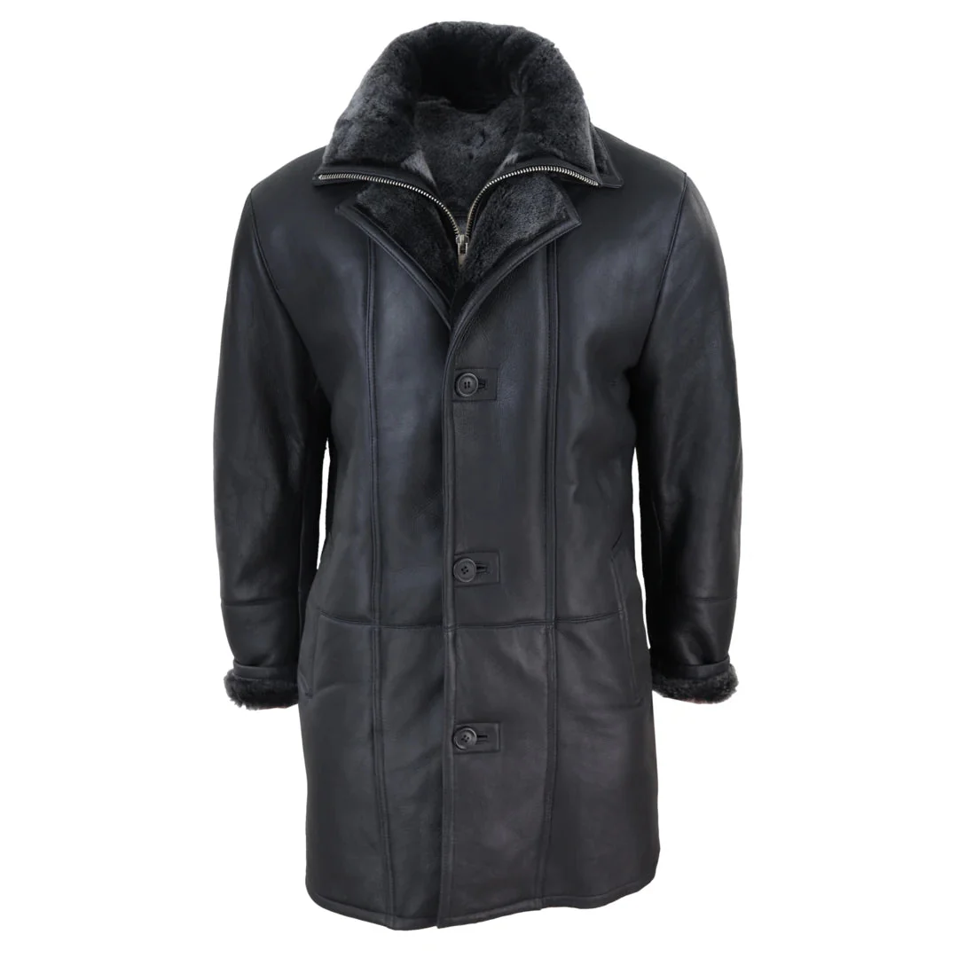 Men’s 3/4 Duffle Jacket Sheepskin Long Button Zip Warm – Black
