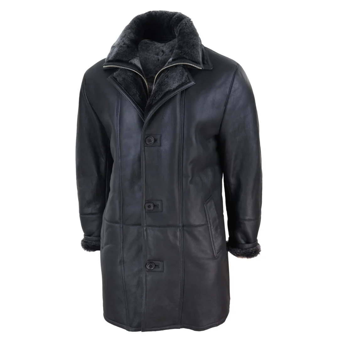 Men’s 3/4 Duffle Jacket Sheepskin Long Button Zip Warm – Black - Image 2