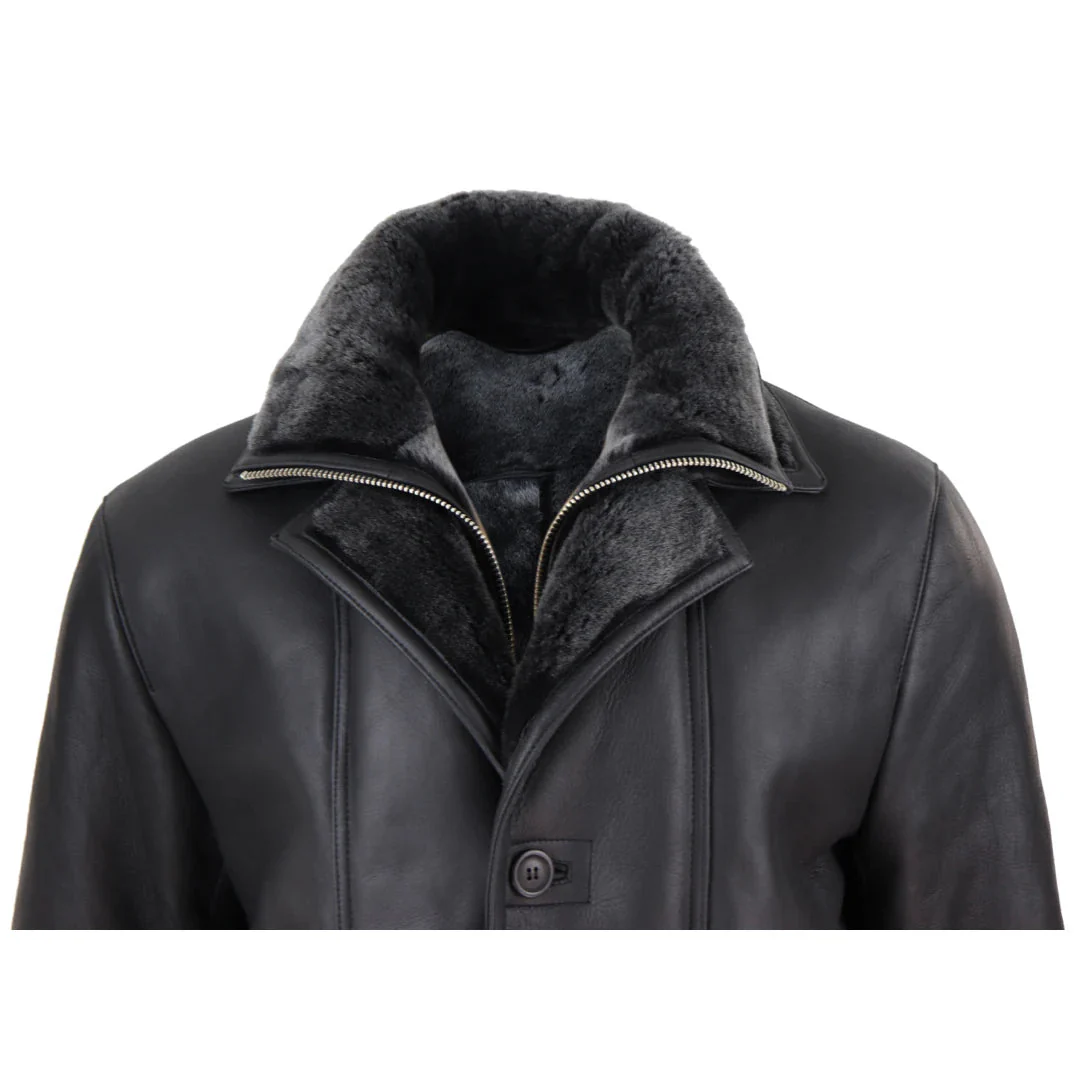 Men’s 3/4 Duffle Jacket Sheepskin Long Button Zip Warm – Black - Image 3