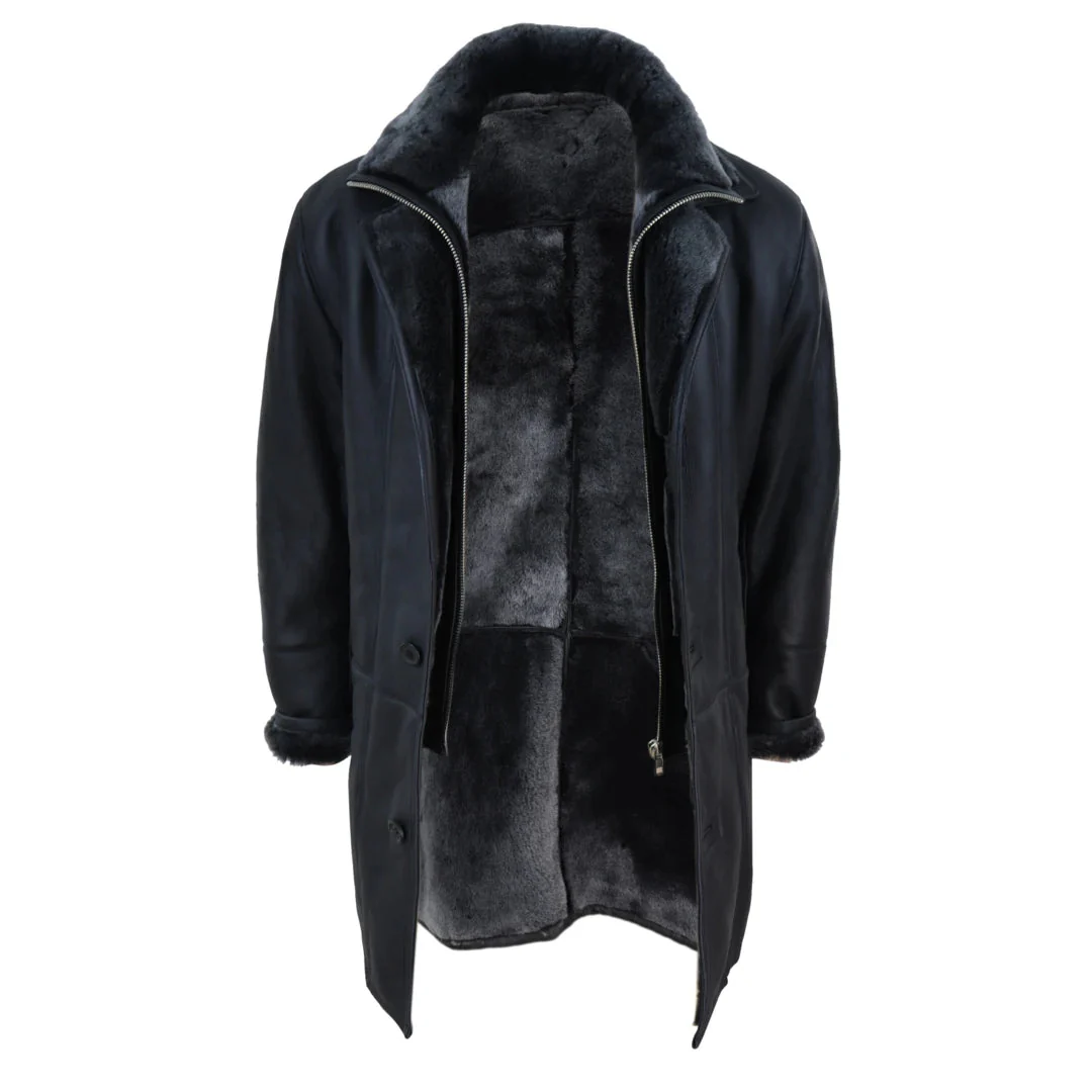 Men’s 3/4 Duffle Jacket Sheepskin Long Button Zip Warm – Black - Image 5