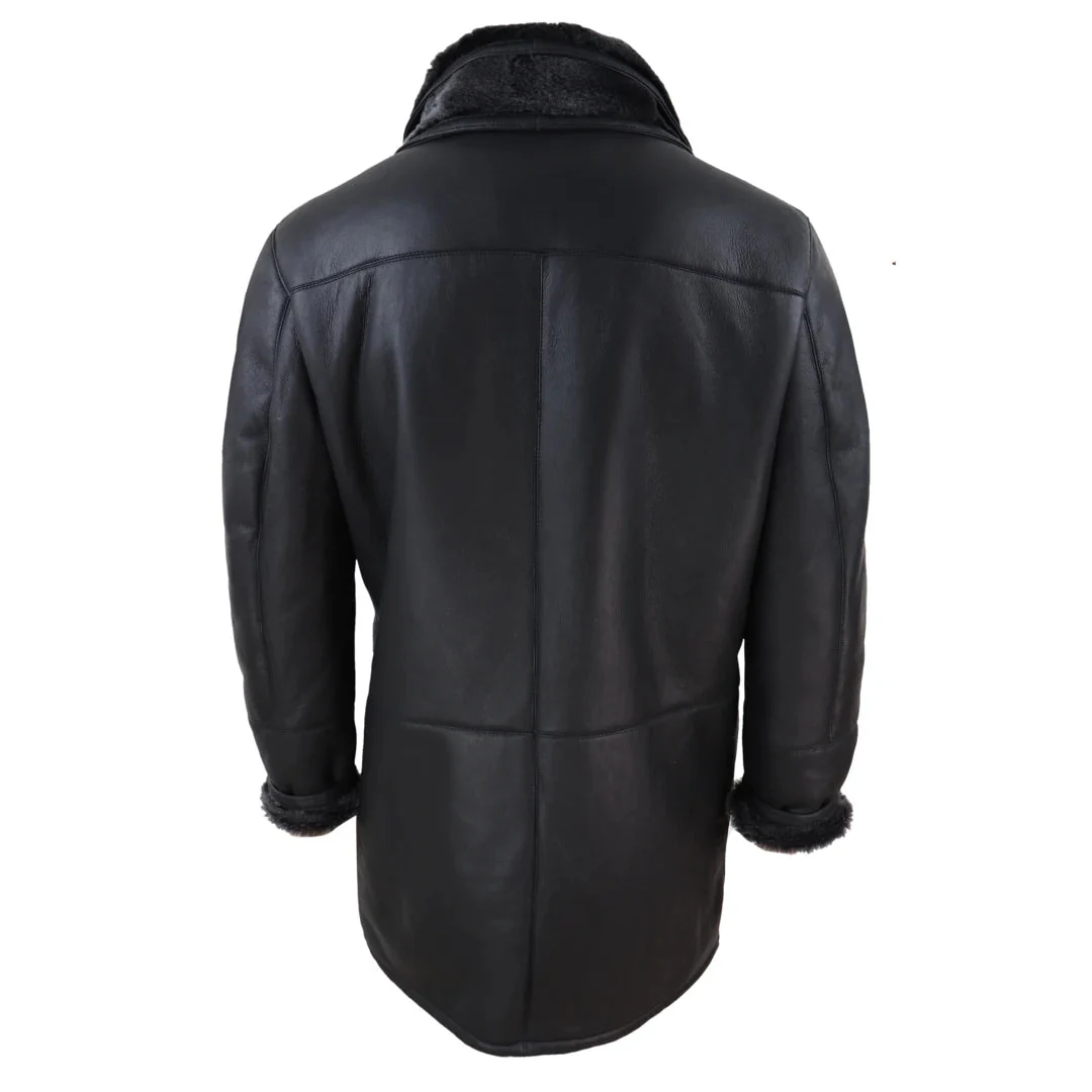 Men’s 3/4 Duffle Jacket Sheepskin Long Button Zip Warm – Black - Image 6