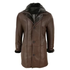 Men’s 3/4 Duffle Jacket Sheepskin Long Button Zip Warm – Brown