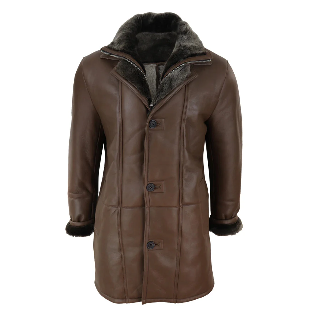 Men’s 3/4 Duffle Jacket Sheepskin Long Button Zip Warm – Brown