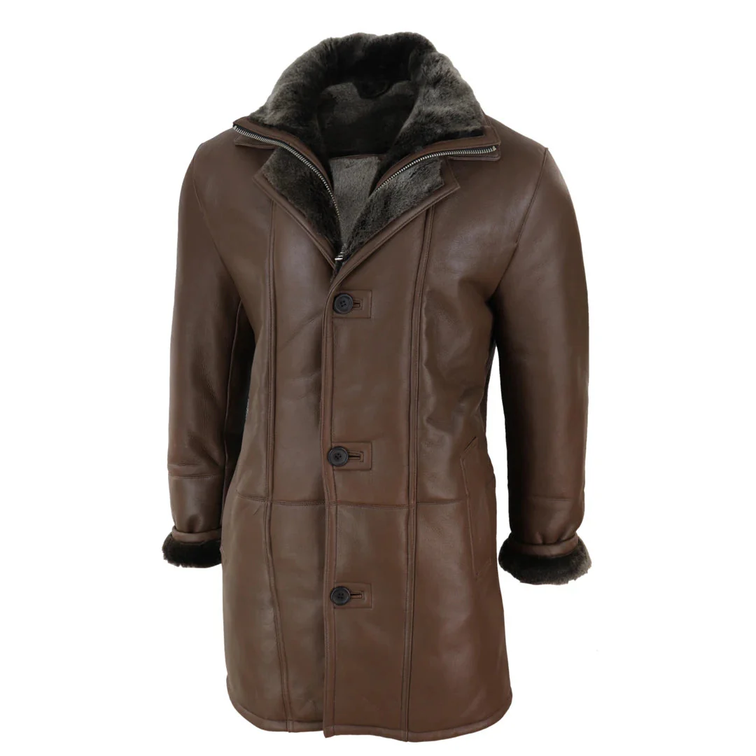 Men’s 3/4 Duffle Jacket Sheepskin Long Button Zip Warm – Brown - Image 2