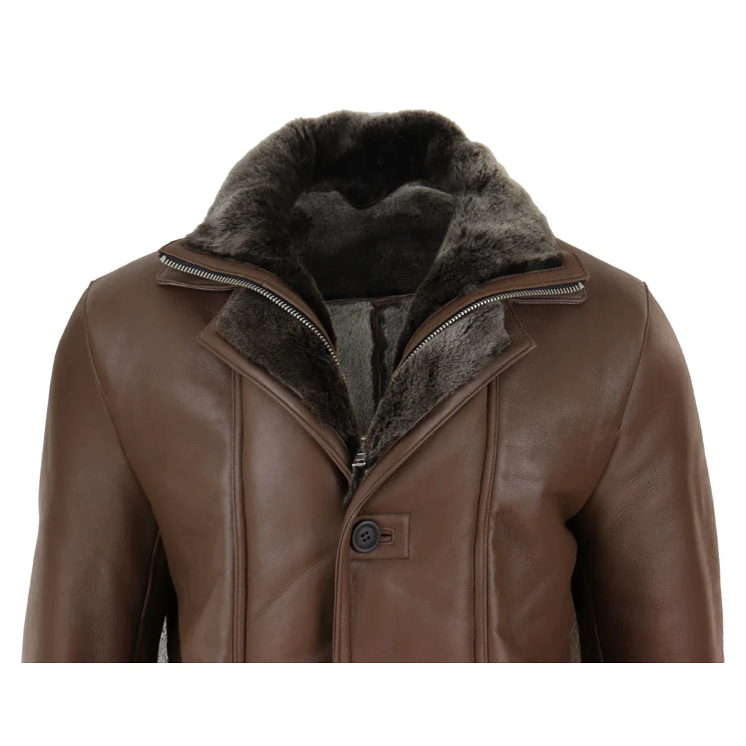 Men’s 3/4 Duffle Jacket Sheepskin Long Button Zip Warm – Brown - Image 3